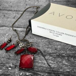 Avon Y2K Gothic Ruby Red Statement Drop Necklace Earring Set Black Chain 26” NIB
